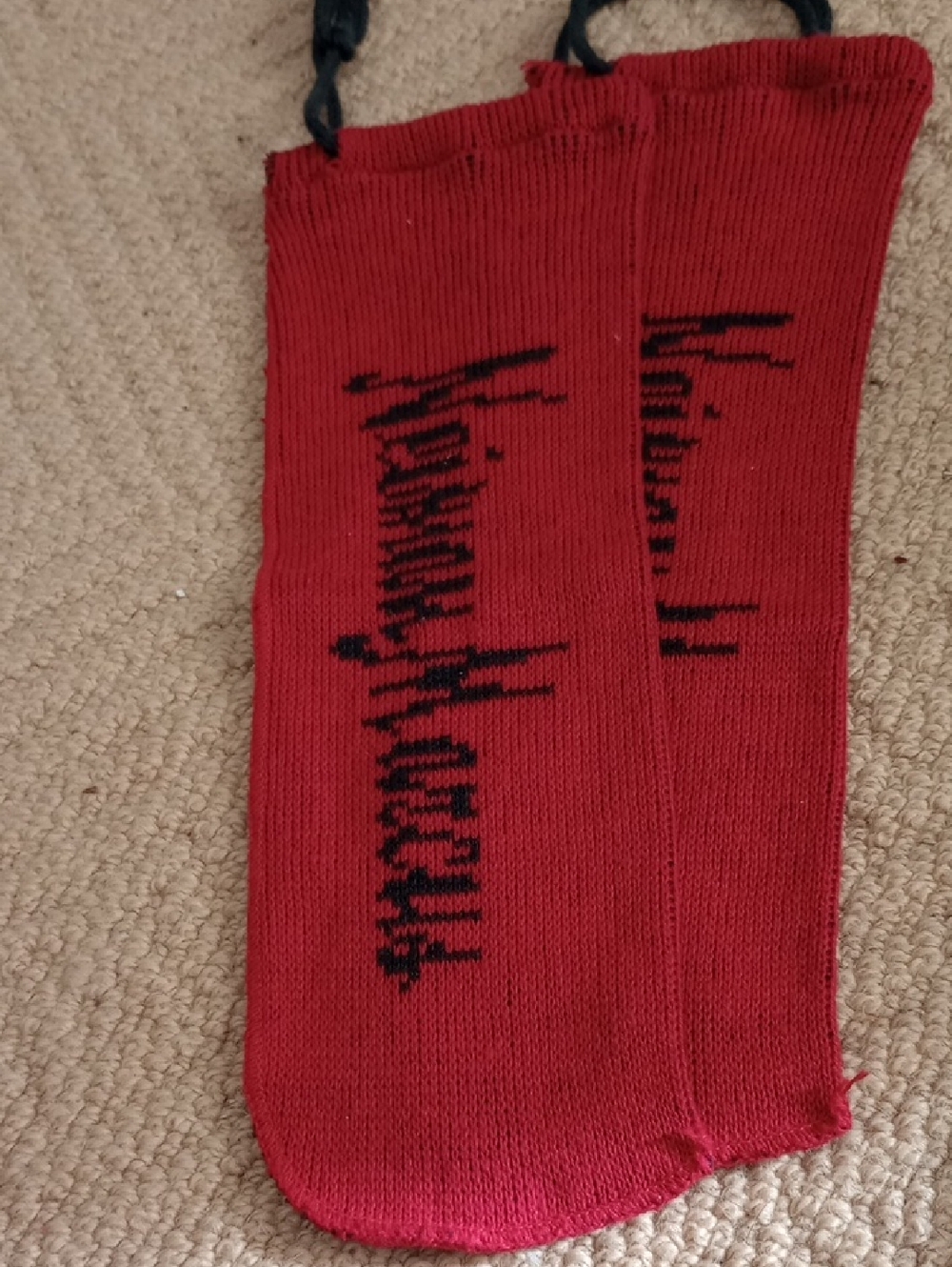 Neiman Marcus Red Knit Shoe Protectors with Black Logo Script